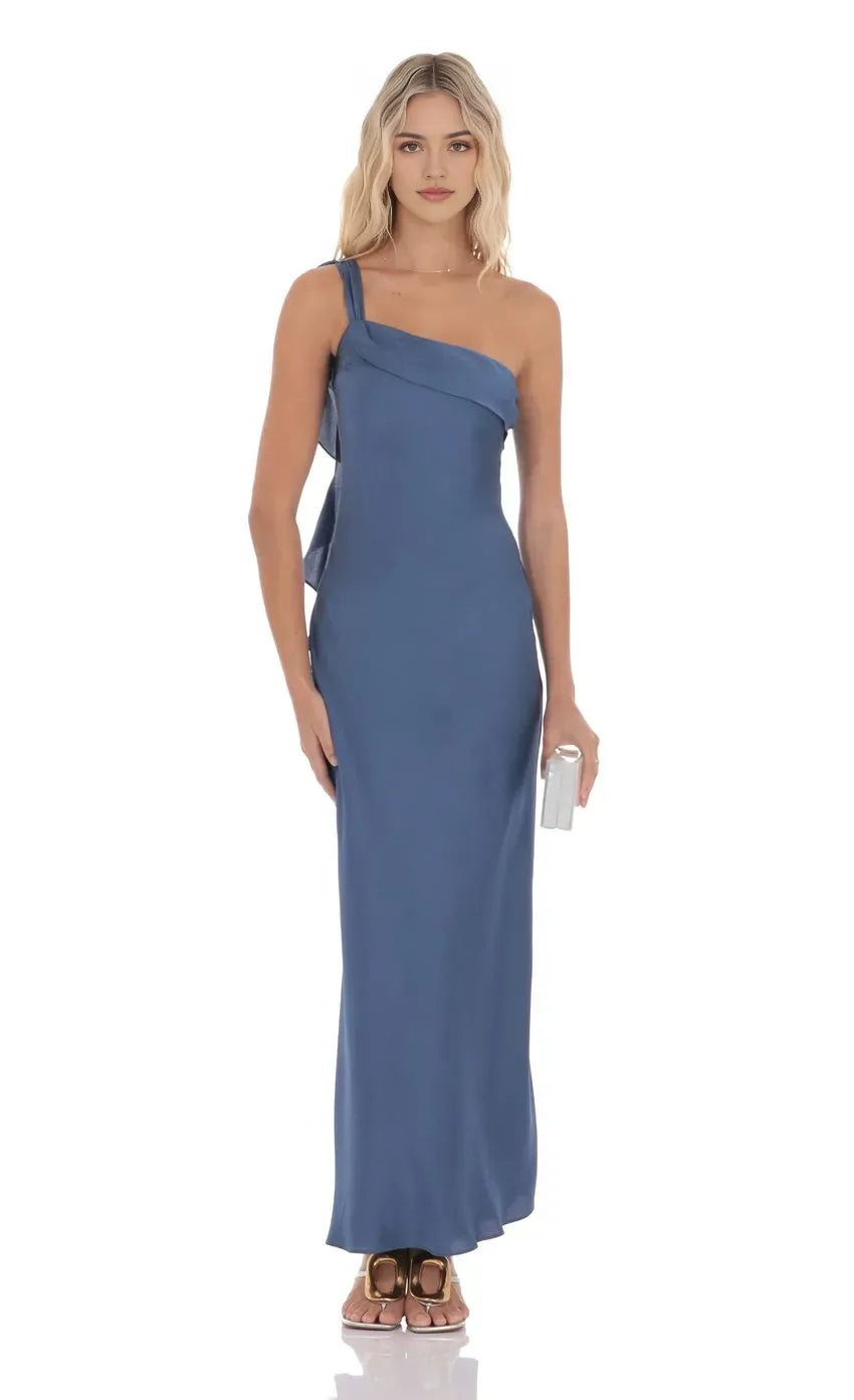 Slate Blue One - Shoulder Prom Dress with Asymmetric Drape Bow Back Detail and Floor Length Silhouette A Fashion