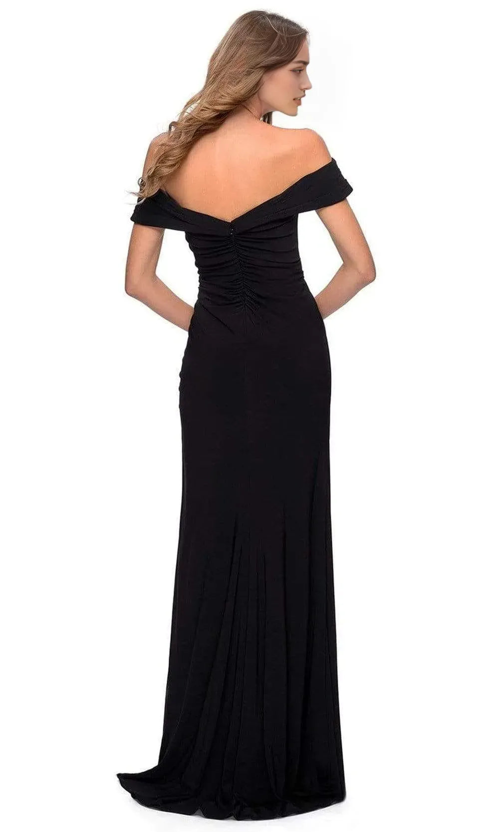 Sleek Black Jersey Knit Off - Shoulder Prom Dress with Side Slit for Effortless Glamour