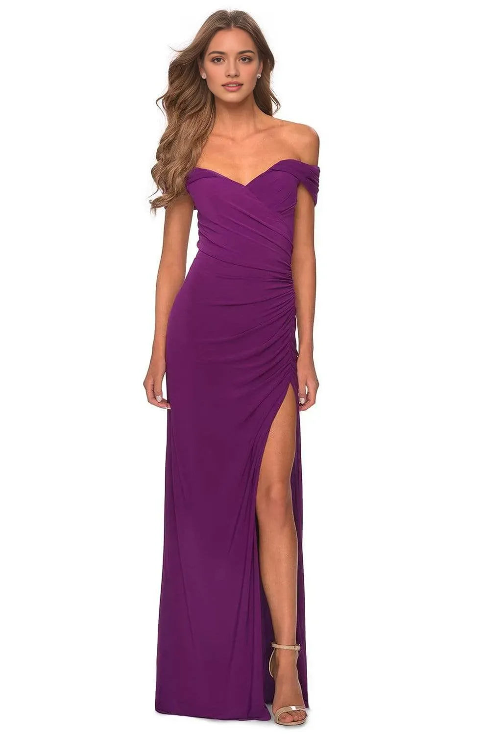 Sleek Black Jersey Knit Off - Shoulder Prom Dress with Side Slit for Effortless Glamour