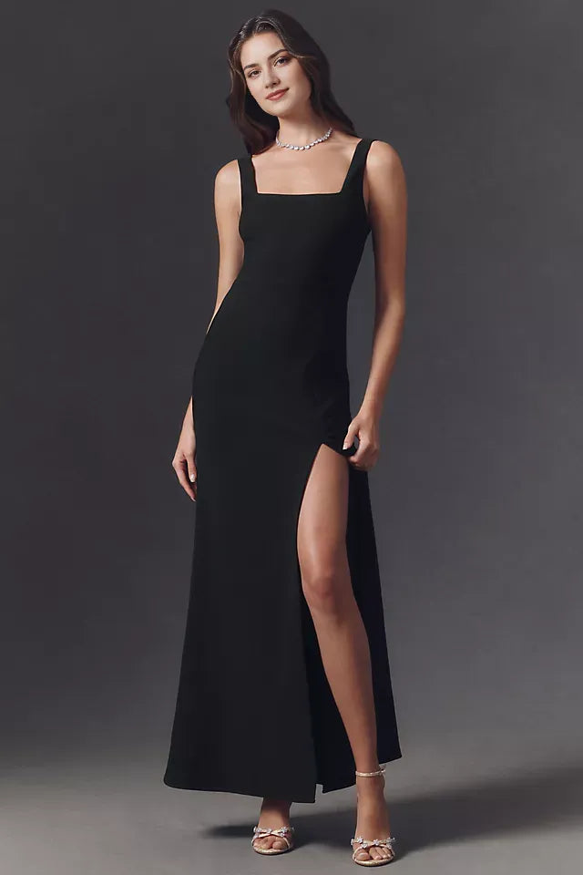 Sleek Black Mermaid Square-Neck Wide-Strap Back Zip Floor-Length Prom Dress for sale for women