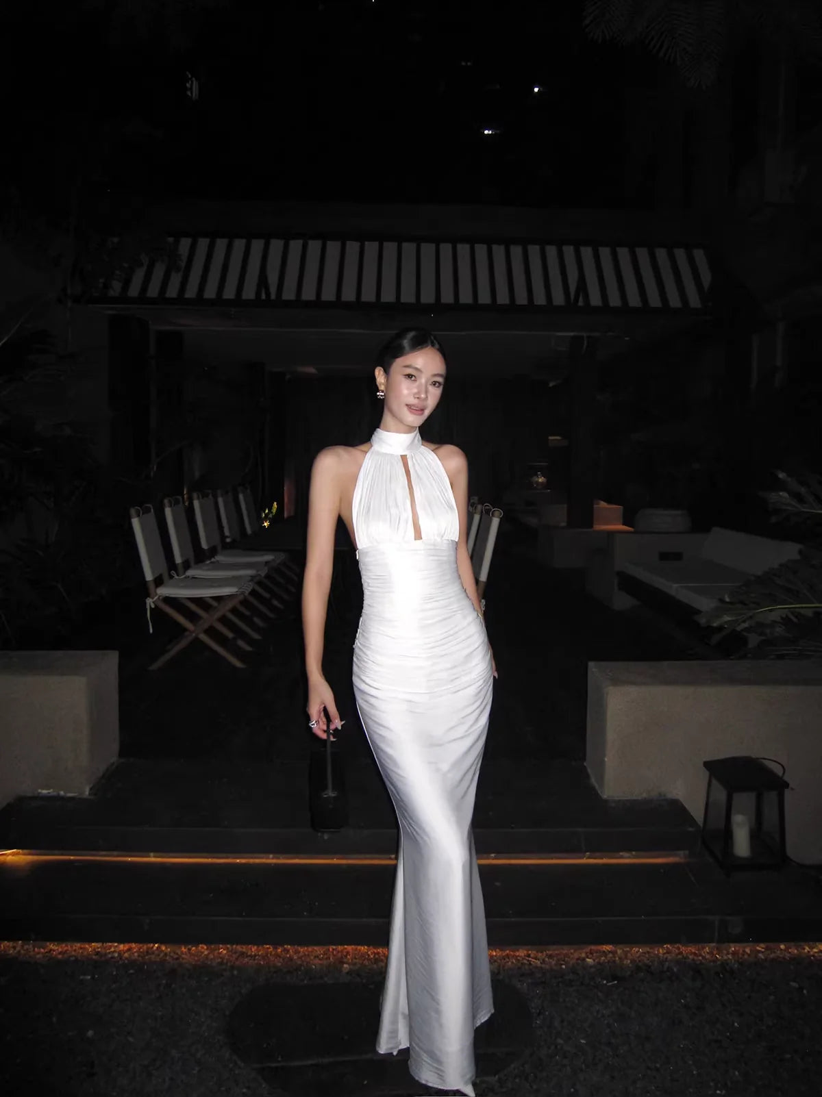 Sleek Mermaid Halter-Neck Sleeveless Ruched White Satin Long Prom Dresses