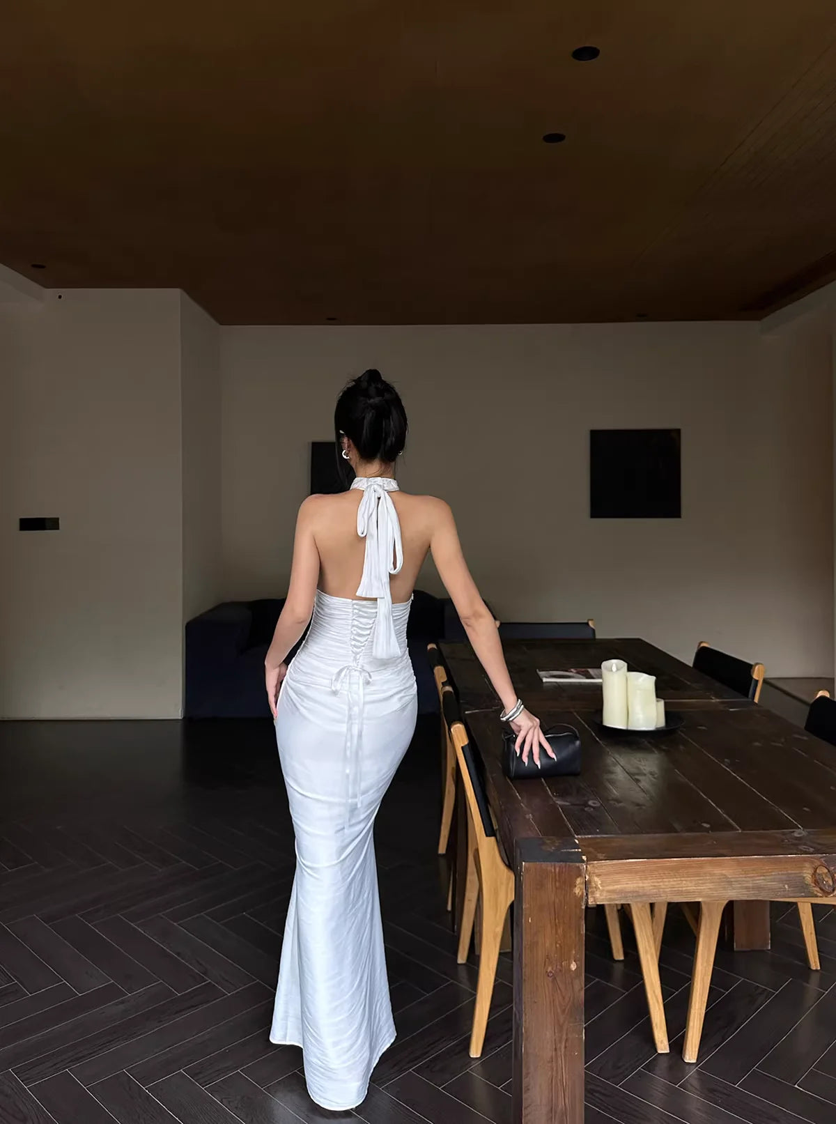 Sleek Mermaid Halter-Neck Sleeveless Ruched White Satin Long Prom Dresses
