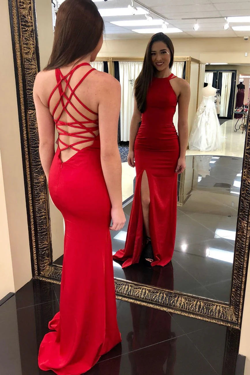 Sleek Mermaid Halter Sleeveless Satin Red Floor-Length Prom Dress