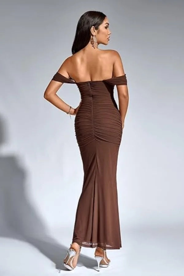 Sleek Mermaid Off-Shoulder Ruched Brown Prom Dress