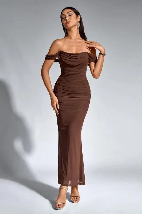 Sleek Mermaid Off-Shoulder Ruched Brown Prom Dress