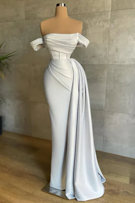 Sleek Mermaid Off-Shoulder Short-Sleeve Ruched White Maxi Prom Dress for Women Custom