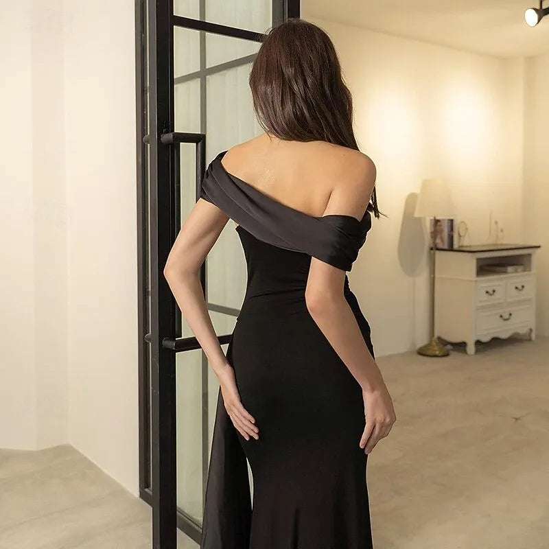 Sleek Mermaid One Shoulder Draped Sashed Black Floor Length Prom Dress