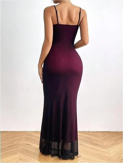 Sleek Mermaid Spaghetti Strap Mesh Plum Floor-Length Prom Dress