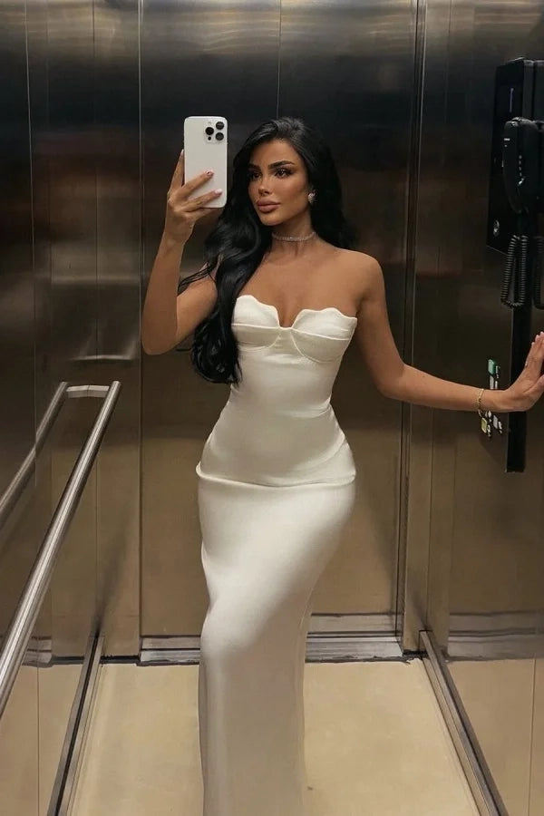 Sleek Mermaid Strapless Satin White Floor-Length Prom Dress