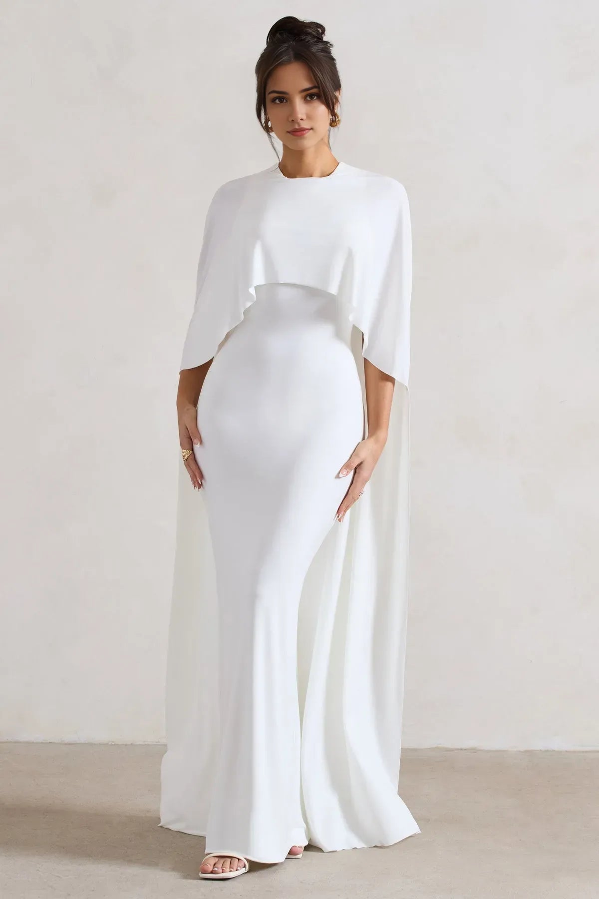 Sleek White Cape - Accented Prom Dresses High - Neck Floor  Length Silhouette for Glamorous Prom Nights & Formal Galas