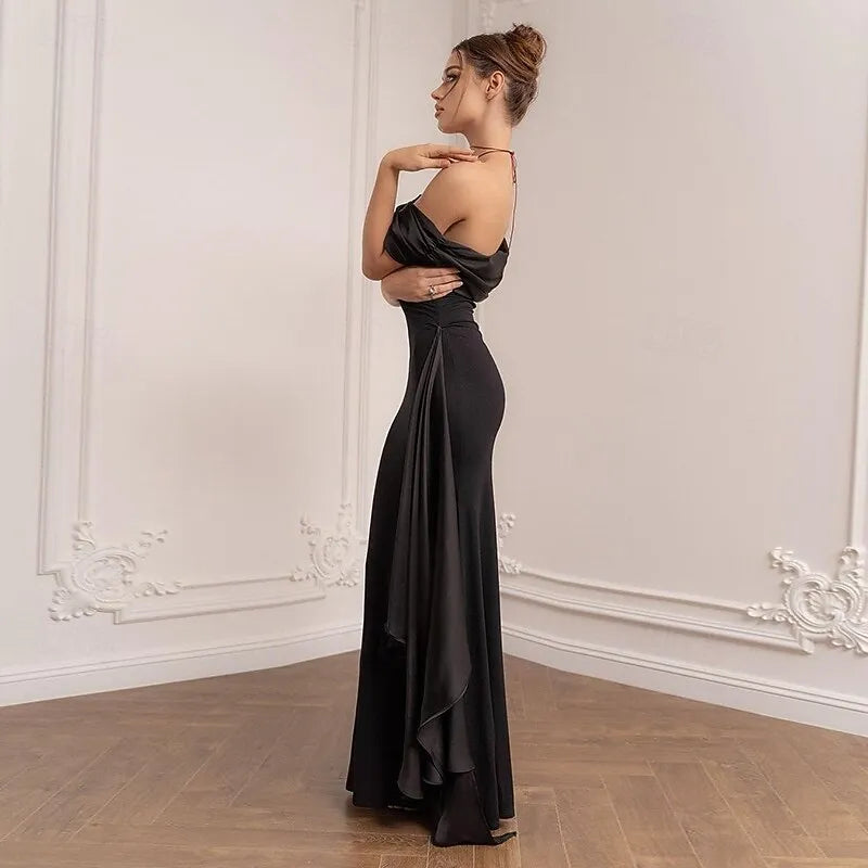 Sleek Mermaid One Shoulder Draped Sashed Black Floor Length Prom Dress