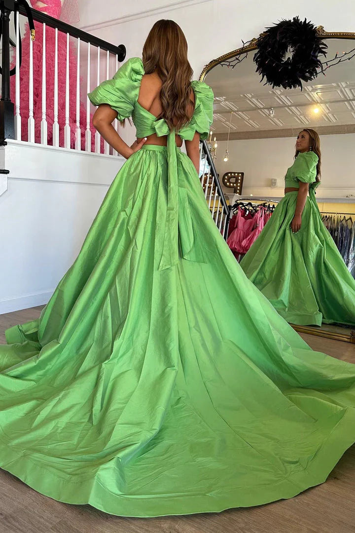 DingJiDress Rjerdress Two Piece Puff Sleeve Tie-Back Long Prom Dress