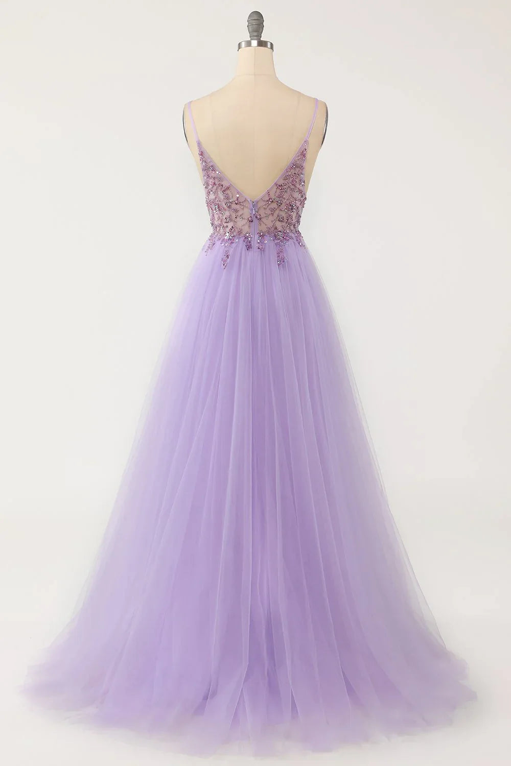 DingJiDress Sexy Spaghetti Straps Tulle V Neck Long Beaded Sleeveless Prom Dresses