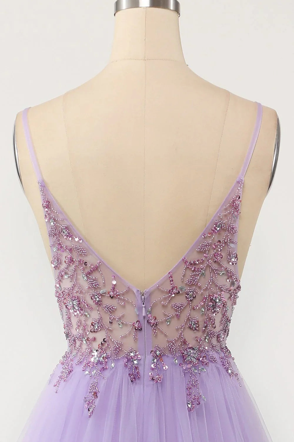 DingJiDress Sexy Spaghetti Straps Tulle V Neck Long Beaded Sleeveless Prom Dresses