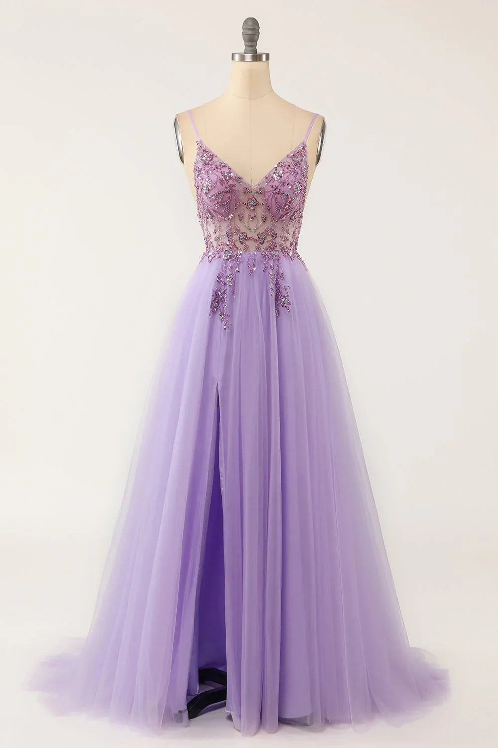 DingJiDress Sexy Spaghetti Straps Tulle V Neck Long Beaded Sleeveless Prom Dresses