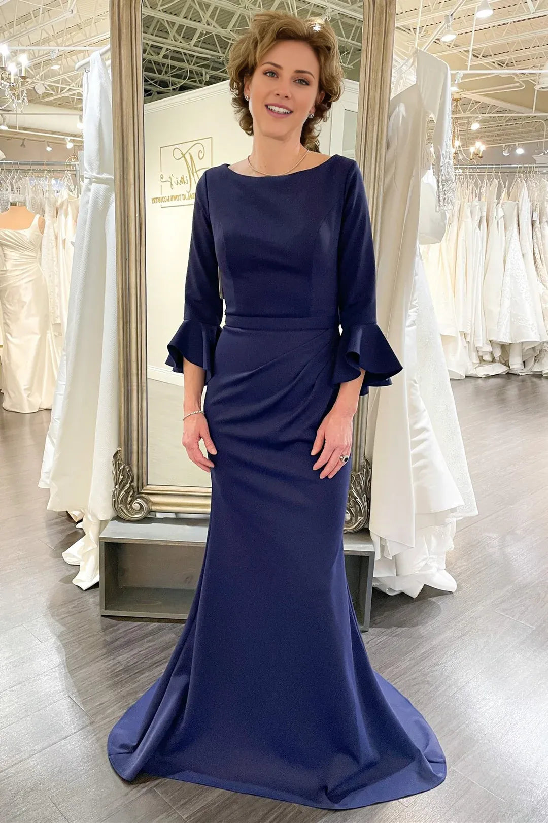 Sleeves Mermaid Pleated Long Mother of the Bride Dress