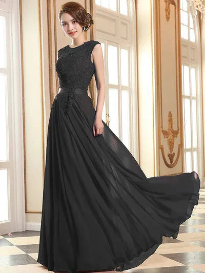 Soft Pink Lace Applique Evening Dresses Chiffon Sleeveless Sash Floor Length Formal Gowns