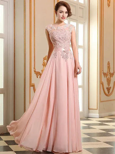 Soft Pink Lace Applique Evening Dresses Chiffon Sleeveless Sash Floor Length Formal Gowns