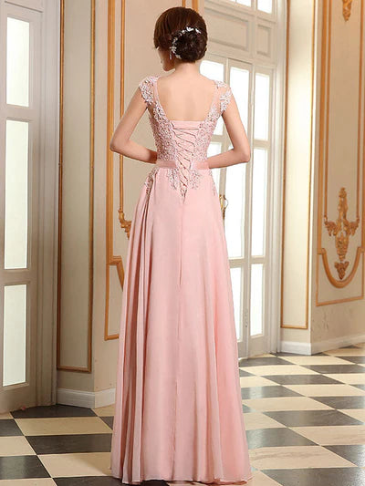 Soft Pink Lace Applique Evening Dresses Chiffon Sleeveless Sash Floor Length Formal Gowns