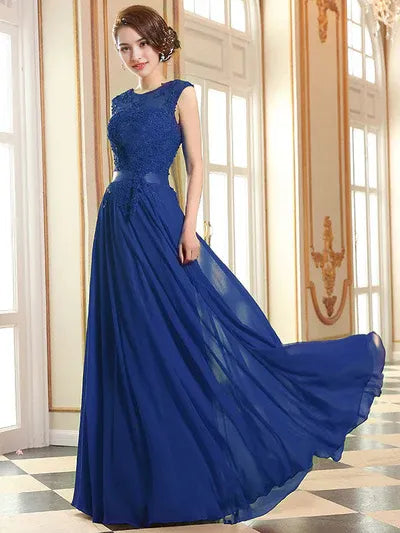 Soft Pink Lace Applique Evening Dresses Chiffon Sleeveless Sash Floor Length Formal Gowns