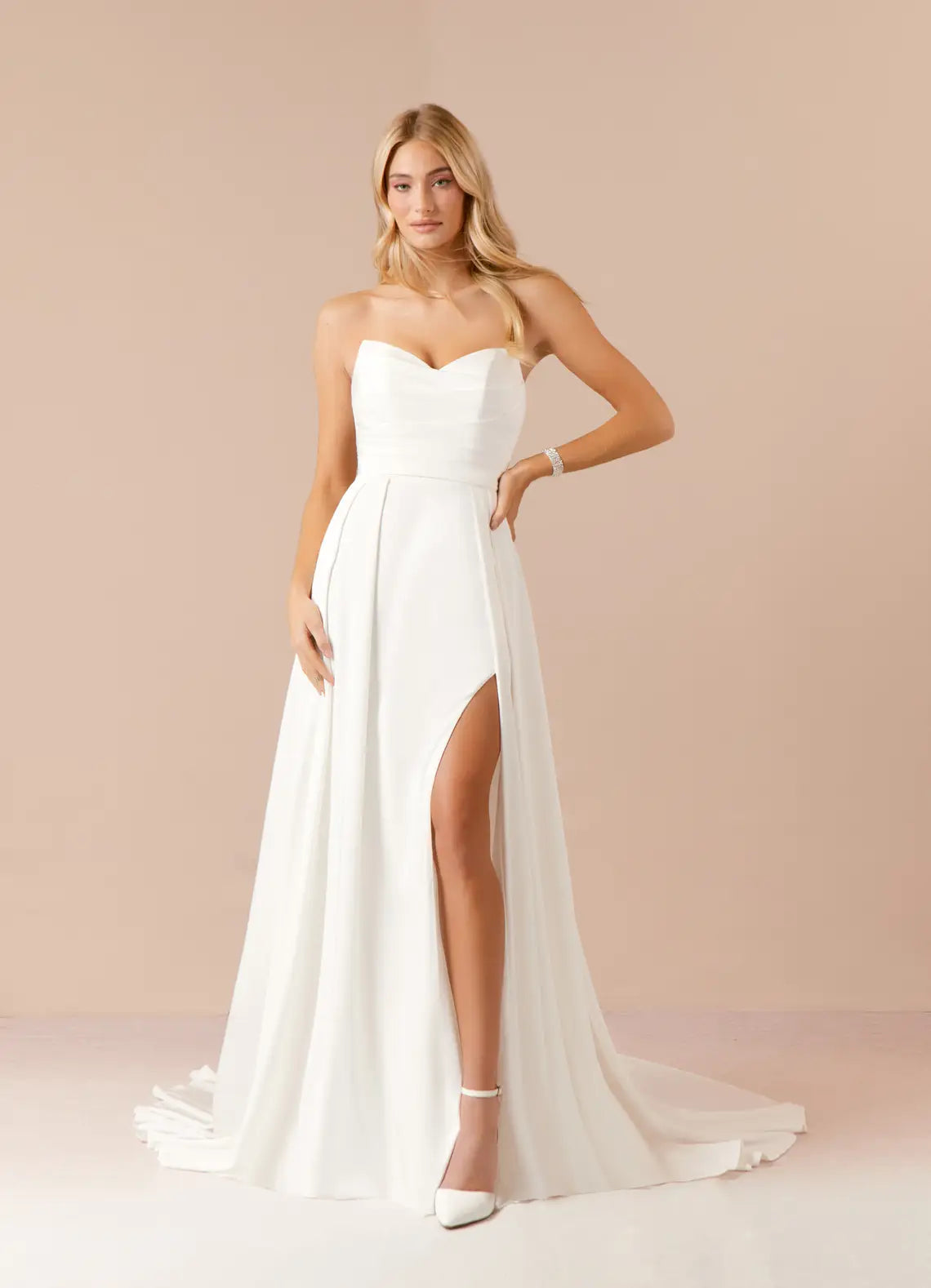 Sophisticated A-Line Sequins Crepe Back Satin Wedding Dresses Strapless Sweetheart Neck High Slit Flowy Train Figure Hugging Silhouette