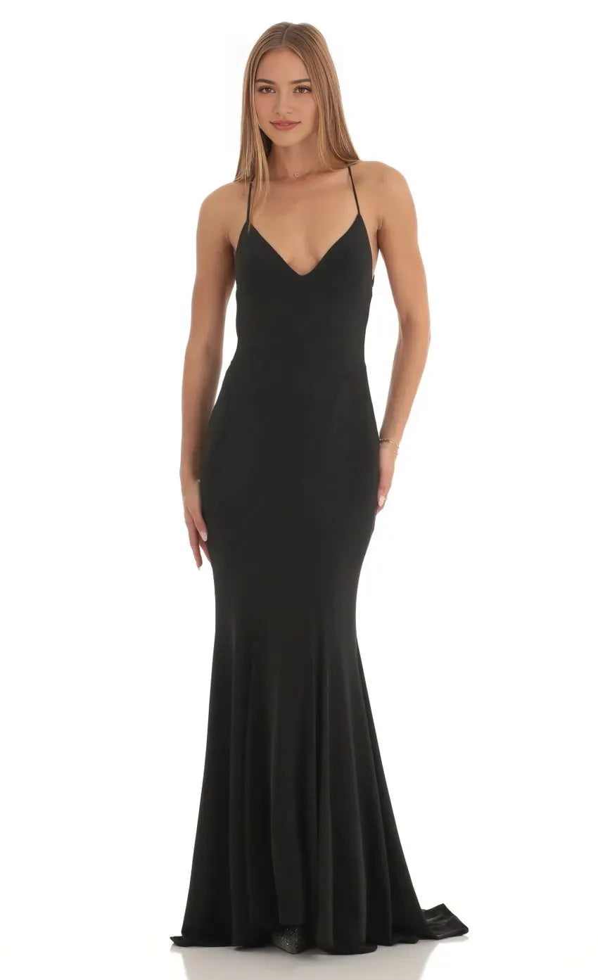 Sophisticated Black Mermaid - Inspired Prom Dress with Spaghetti Straps Deep V Neck and Flattering Fit Designed for Elegant Prom Celebrations