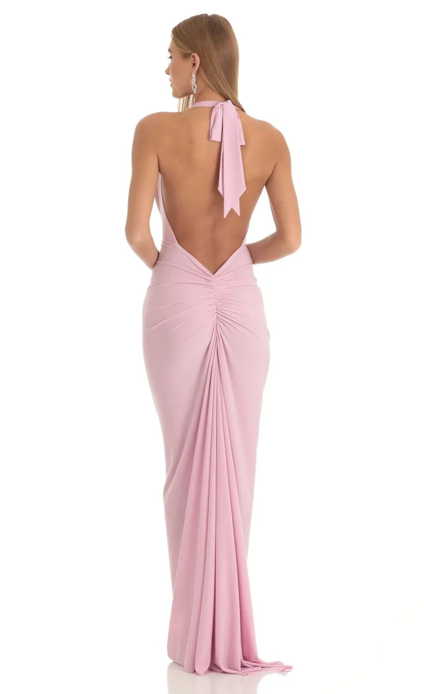 Sophisticated Blush Pink Halter Prom Dresses with Deep Cowl V - Neck and Body Skimming Design for Elegant Prom Nights
