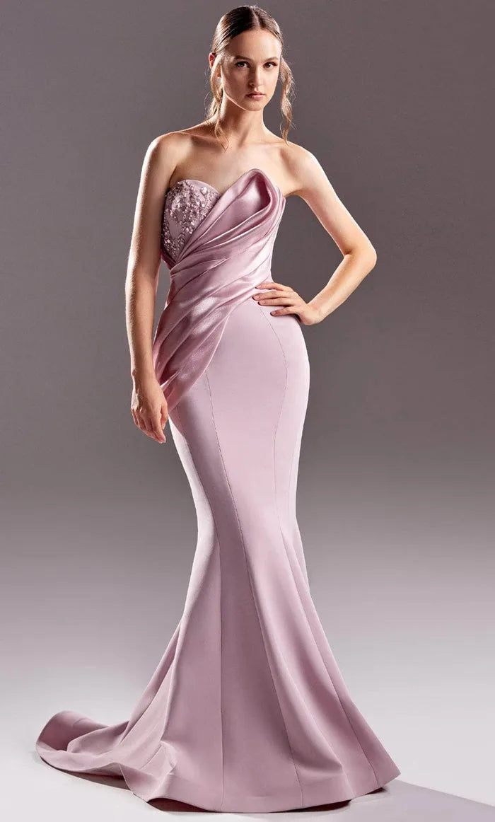 Sophisticated Blush Pink Satin Evening Dress Strapless Design Asymmetric Drape Beaded Embellishment and Mermaid Skirt for Memorable Events