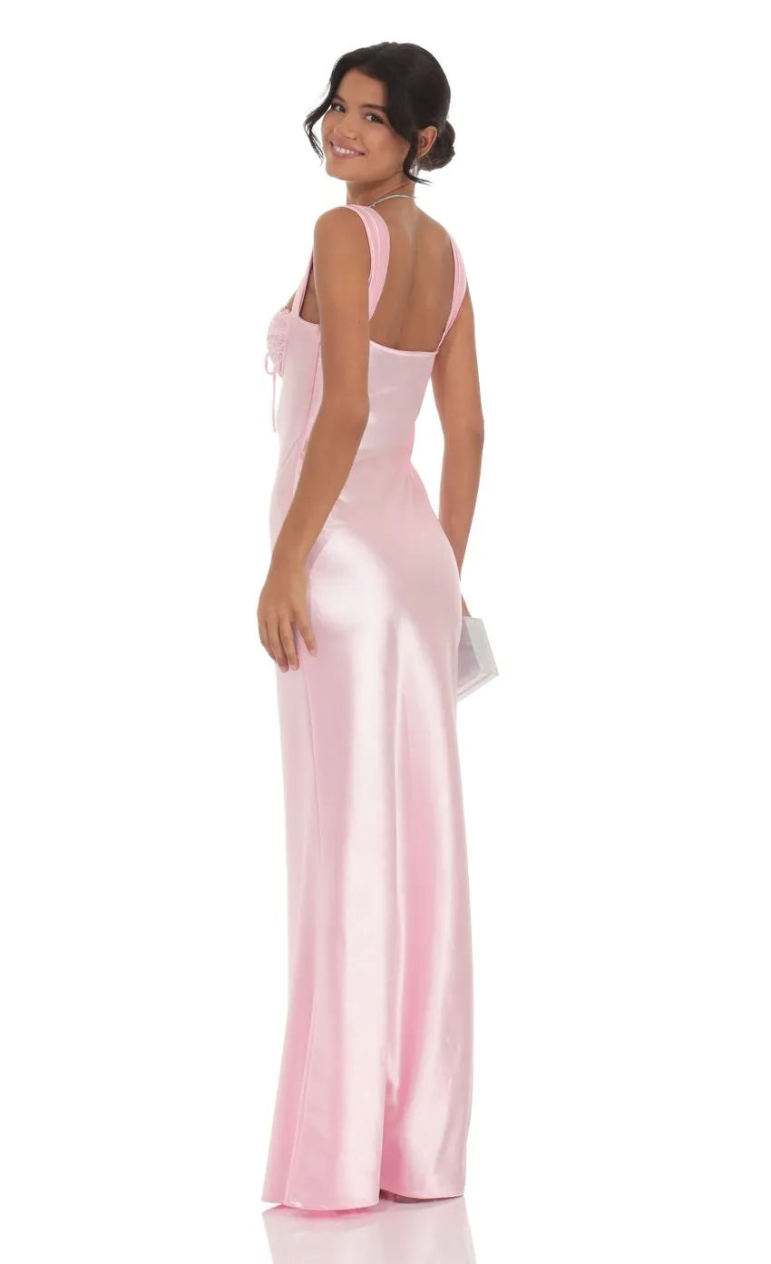 Sophisticated Blush Pink Satin Prom Dress with Square Neckline Lace Bodice and Bow Embellishment Designed for Elegant Prom Celebrations