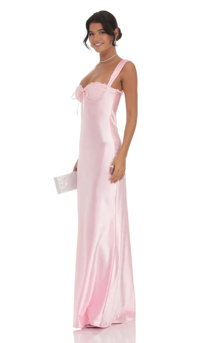 Sophisticated Blush Pink Satin Prom Dress with Square Neckline Lace Bodice and Bow Embellishment Designed for Elegant Prom Celebrations