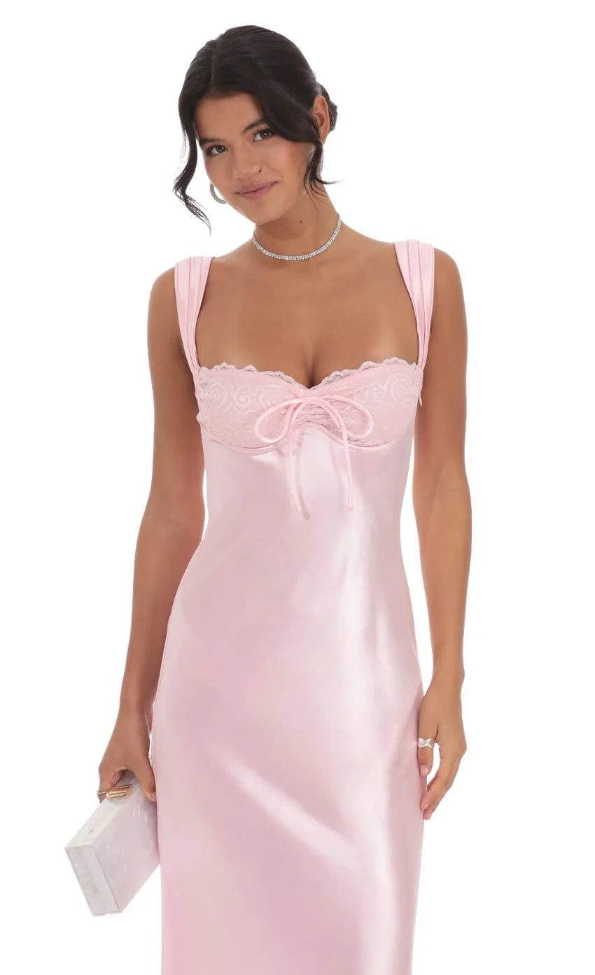 Sophisticated Blush Pink Satin Prom Dress with Square Neckline Lace Bodice and Bow Embellishment Designed for Elegant Prom Celebrations