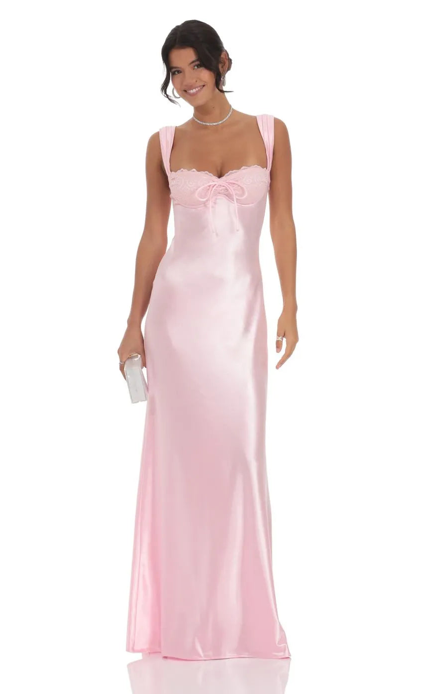 Sophisticated Blush Pink Satin Prom Dress with Square Neckline Lace Bodice and Bow Embellishment Designed for Elegant Prom Celebrations