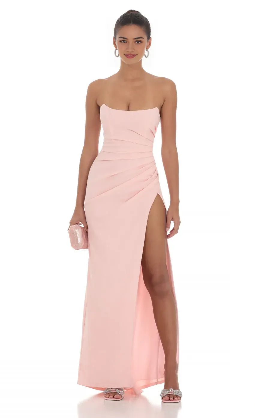Sophisticated Blush Pink Strapless Prom Dress with Ruched Bodice High Side Slit and Flattering Fit  Designed for Elegant Prom Celebrations
