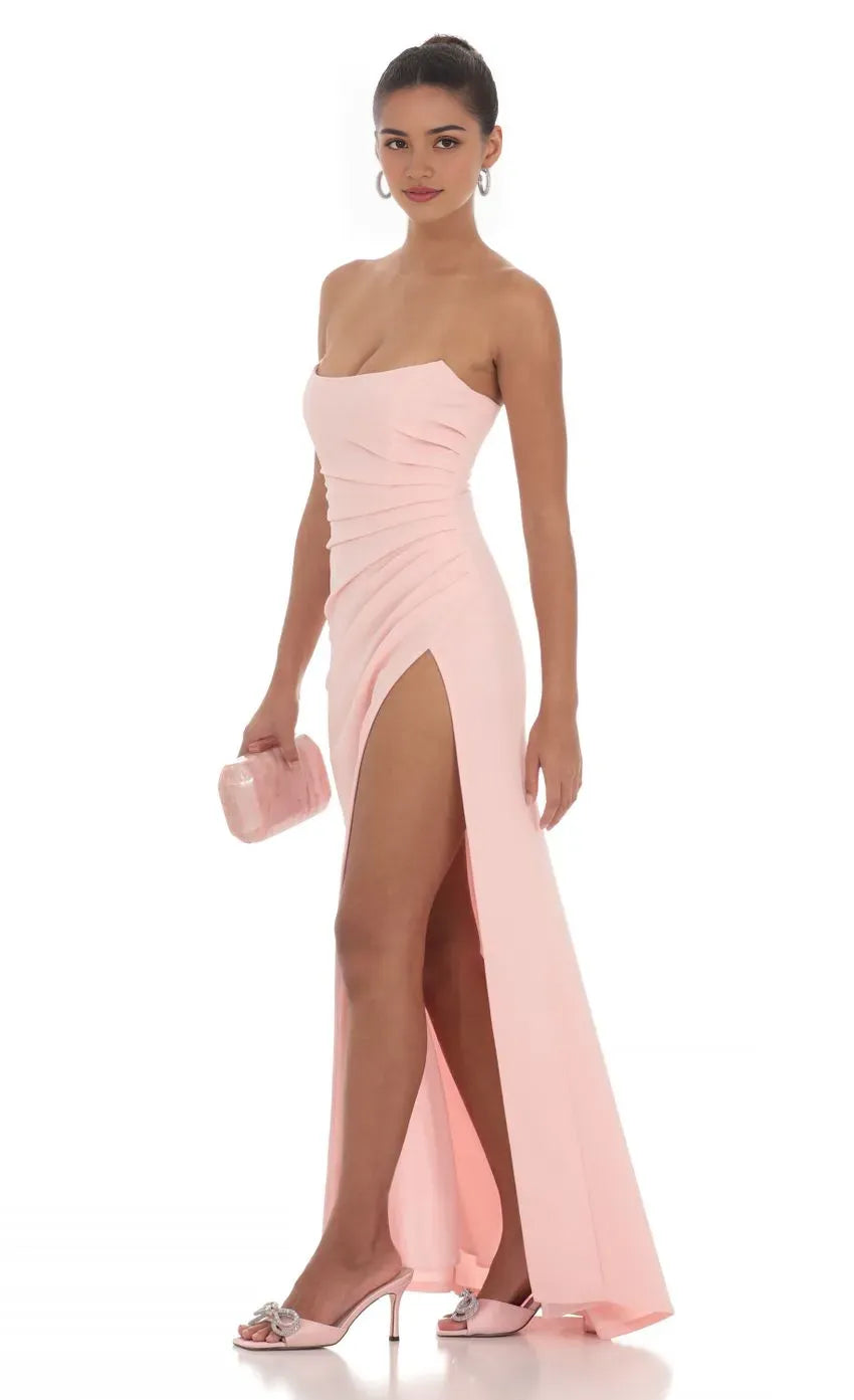 Sophisticated Blush Pink Strapless Prom Dress with Ruched Bodice High Side Slit and Flattering Fit  Designed for Elegant Prom Celebrations