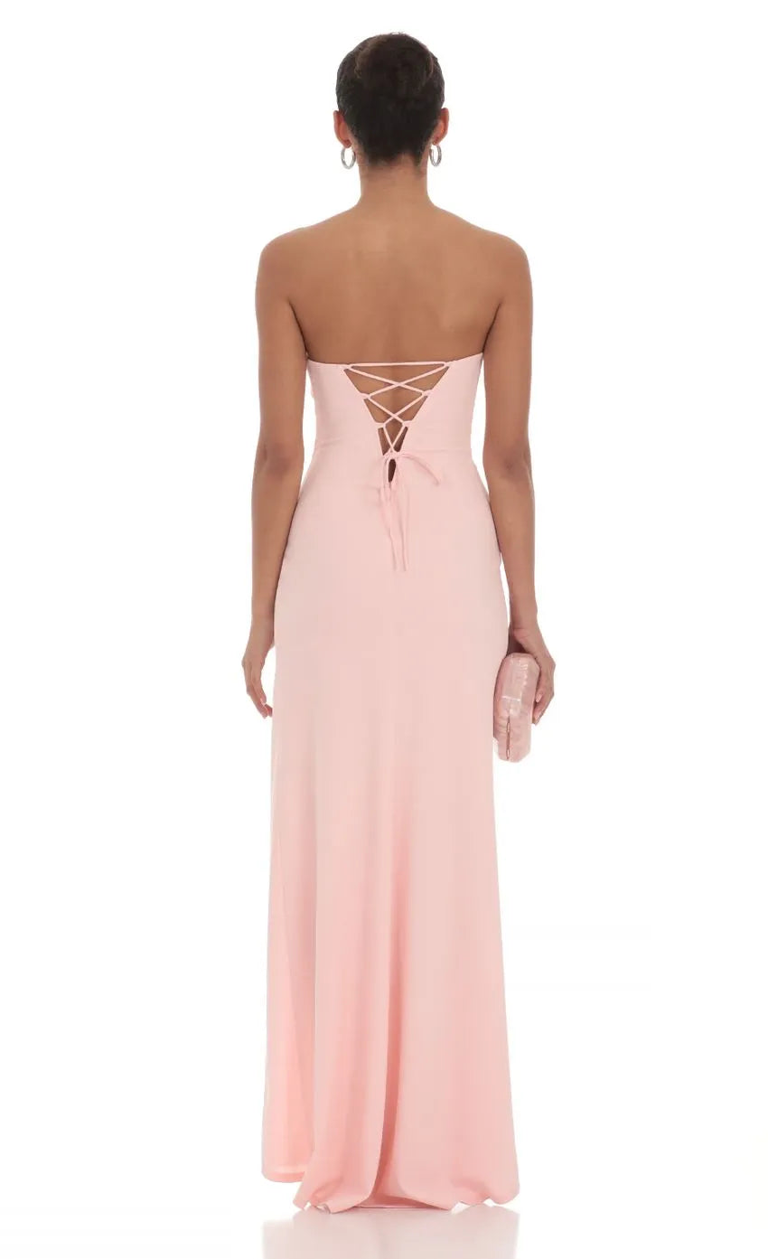 Sophisticated Blush Pink Strapless Prom Dress with Ruched Bodice High Side Slit and Flattering Fit  Designed for Elegant Prom Celebrations