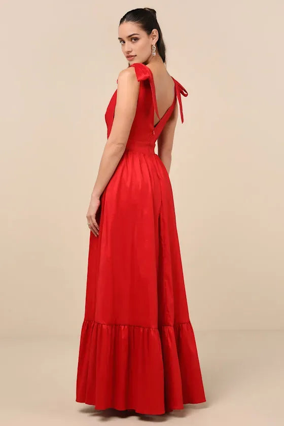 Sophisticated Bow - Strap Prom Dress in Red Satin with Plunging V - Neckline Tiered Ruffle Skirt and for Formal Events