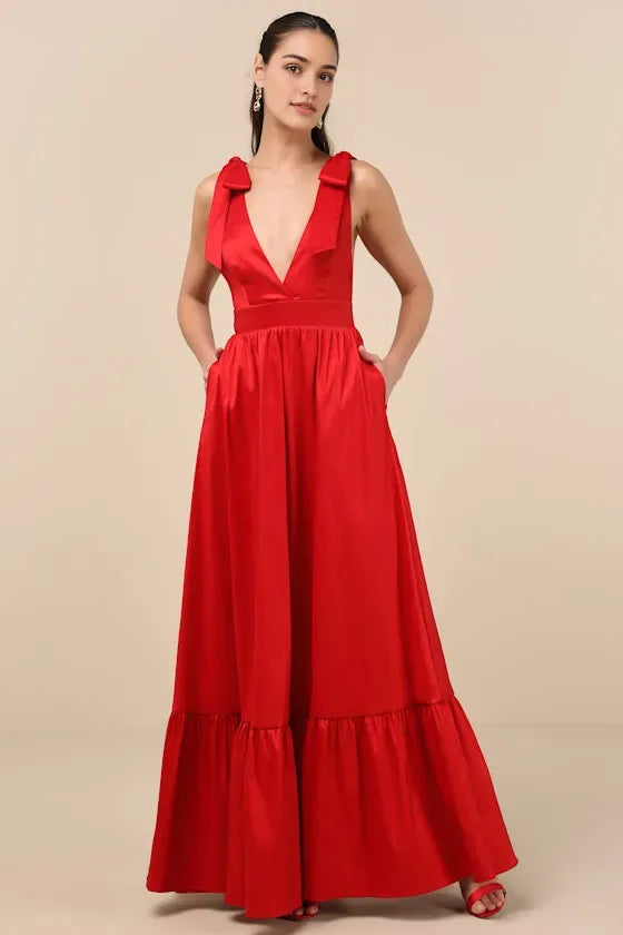 Sophisticated Bow - Strap Prom Dress in Red Satin with Plunging V - Neckline Tiered Ruffle Skirt and for Formal Events
