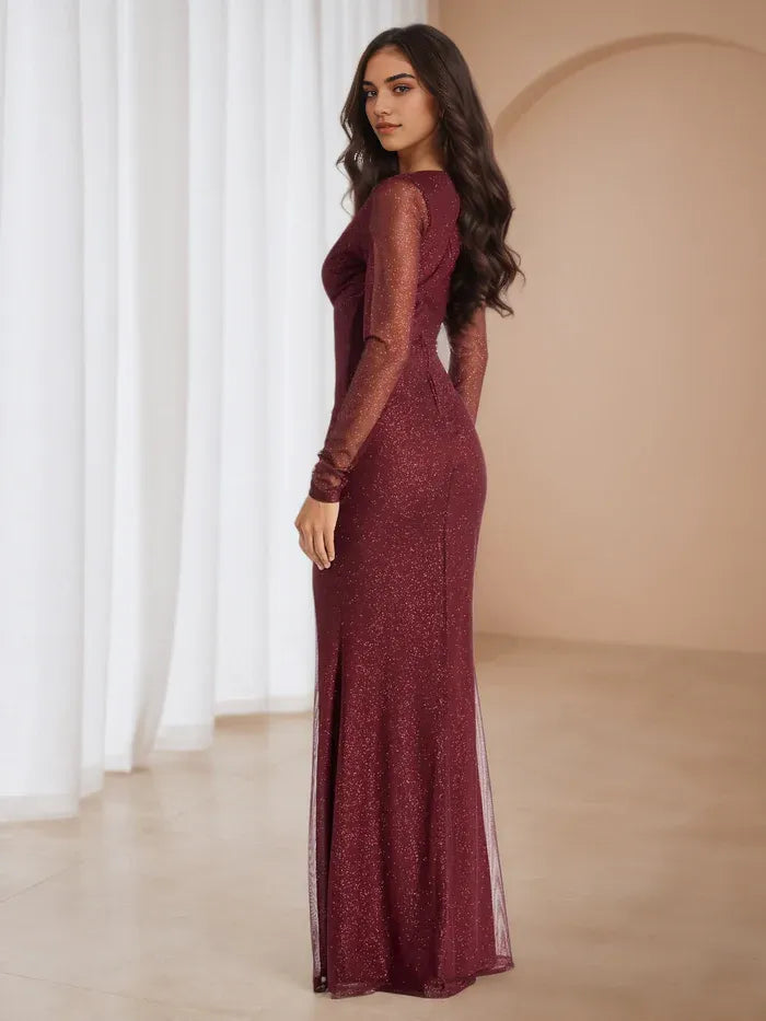 Sophisticated Burgundy Mesh Dress Plunge V Neck Cut Out Bodice Side Slit for Red Carpet Proms