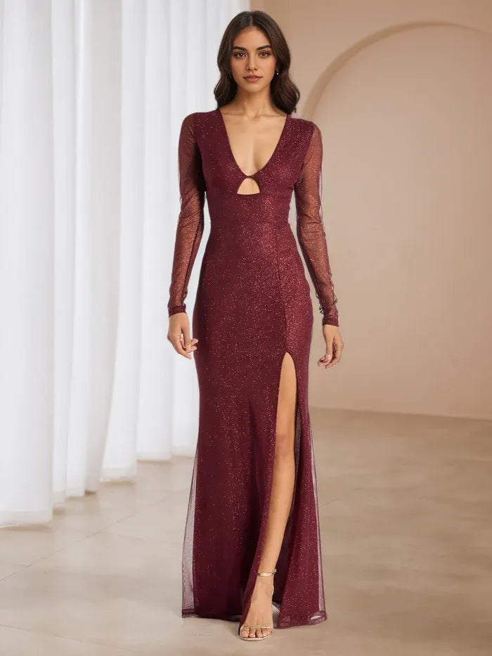 Sophisticated Burgundy Mesh Dress Plunge V Neck Cut Out Bodice Side Slit for Red Carpet Proms
