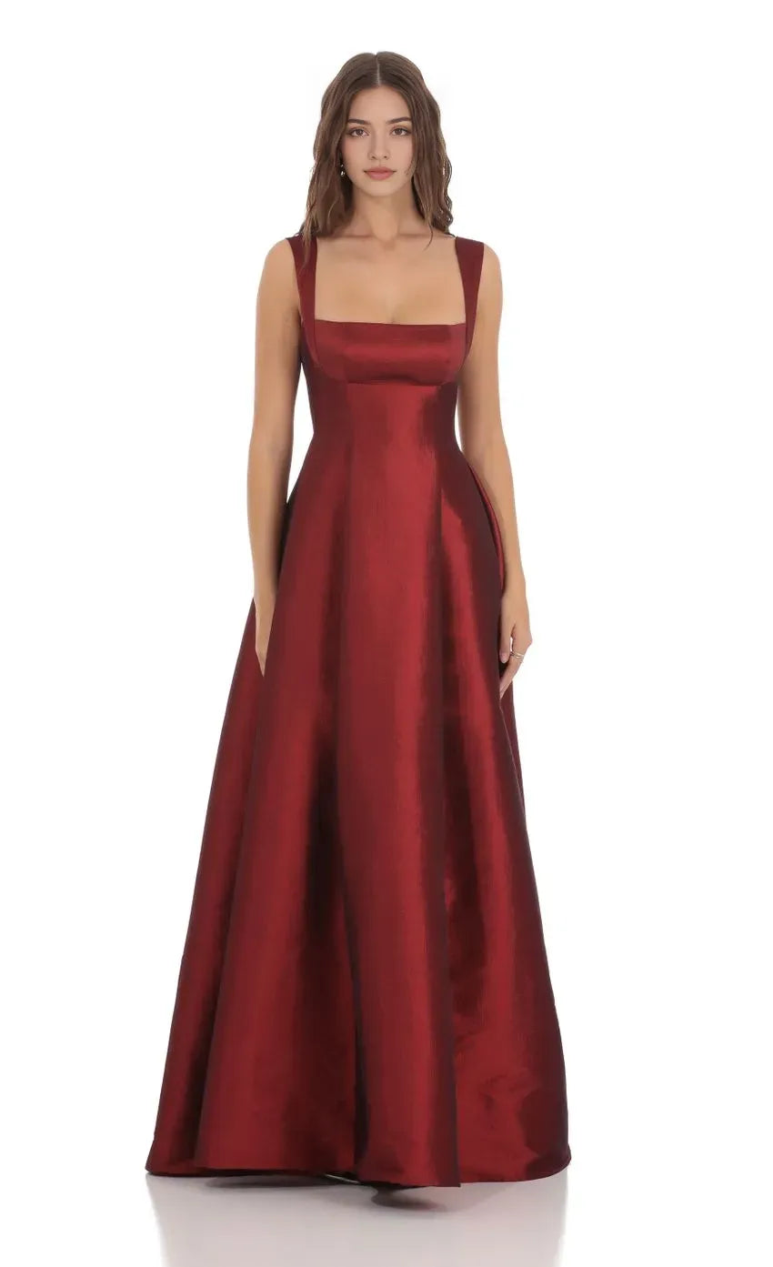 Sophisticated Burgundy Prom Dress with Square Neckline Wide Straps and Flattering Fit Designed for Elegant Prom Celebrations