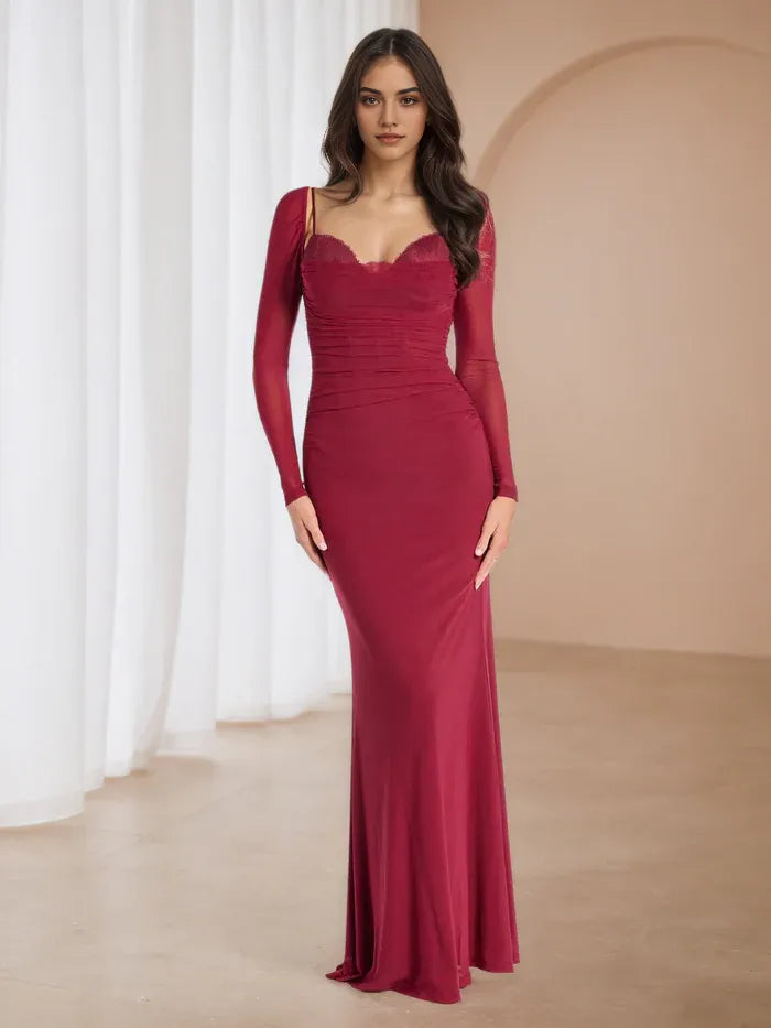 Burgundy Mesh Long - Sleeve Ruched Prom Dress - Elegant Evening Gown