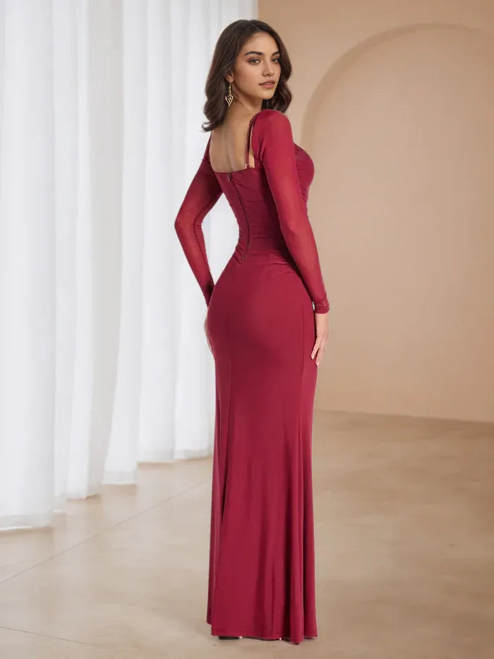 Burgundy Mesh Long - Sleeve Ruched Prom Dress - Elegant Evening Gown
