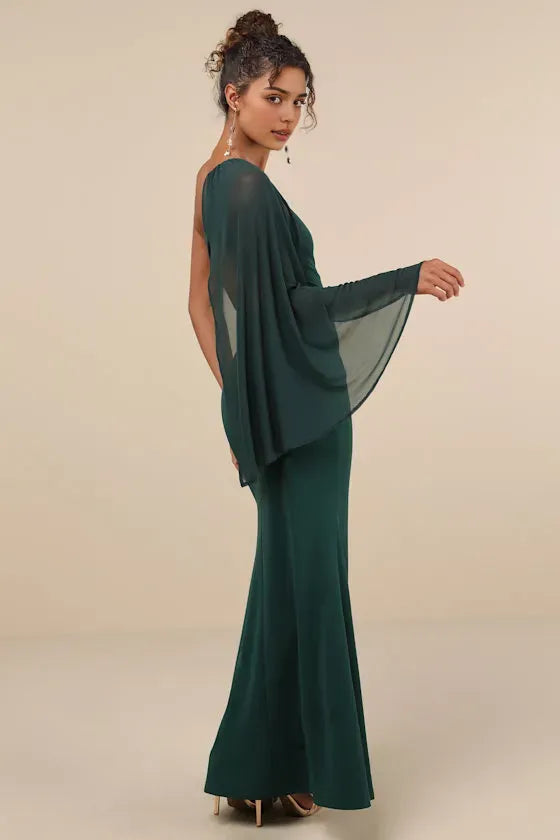 Sophisticated Dark Green One - Shoulder Evening Dresses with Sheer Sleeve Subtle Slit Understated Grace for Formal Events