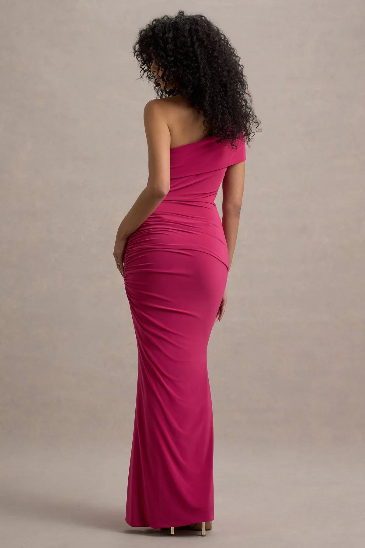 Sophisticated Fuchsia One - Shoulder Mermaid Prom Dress with Figure  Enhancing Ruches