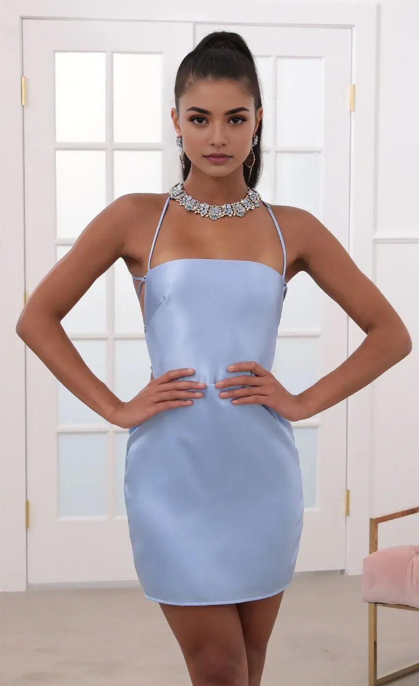Sophisticated Halter Neck Homecoming Dress in Sky Blue Satin Open Back Detai Bodycon Fit  Luxe Sheen for School Galas