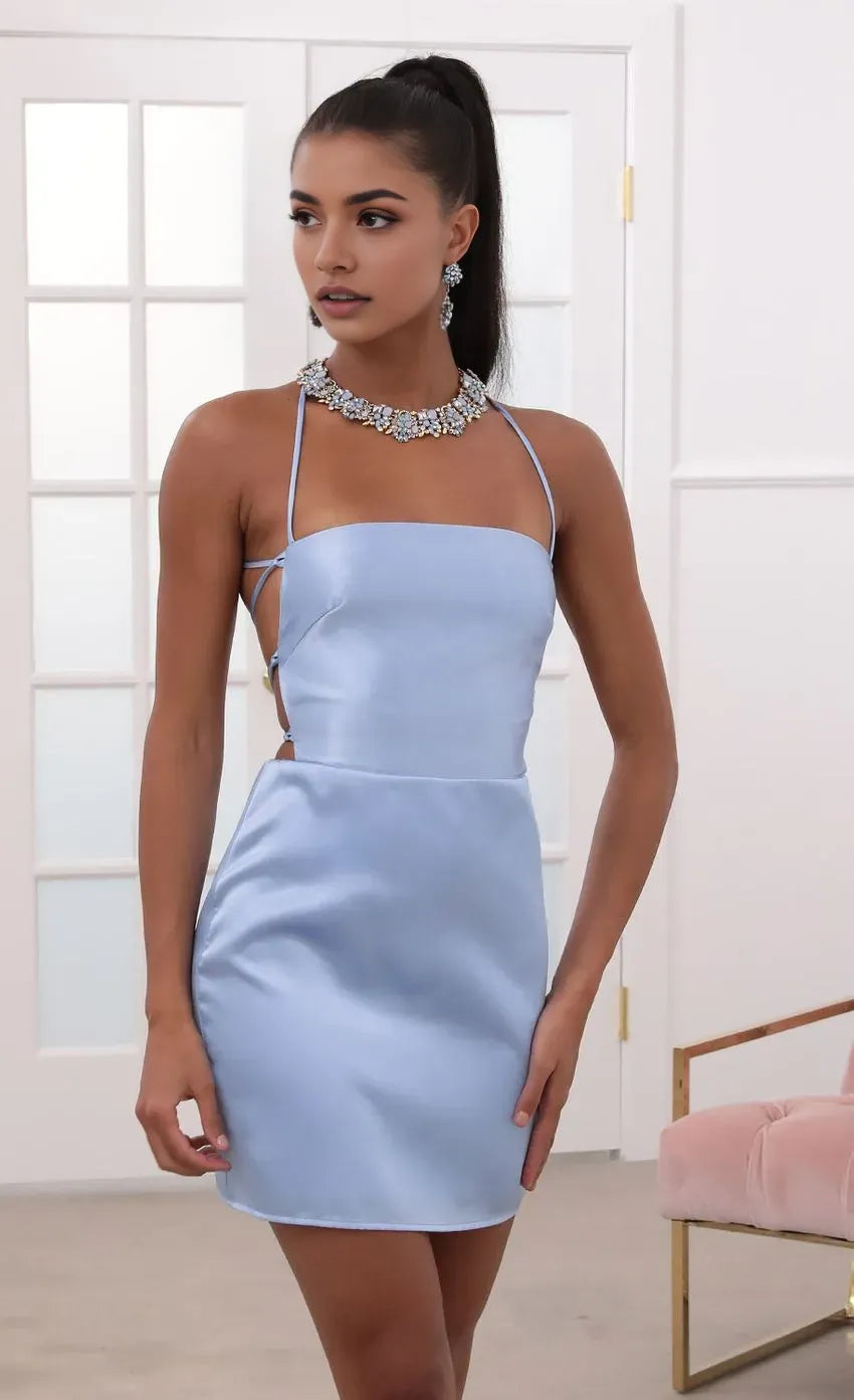 Sophisticated Halter Neck Homecoming Dress in Sky Blue Satin Open Back Detai Bodycon Fit  Luxe Sheen for School Galas