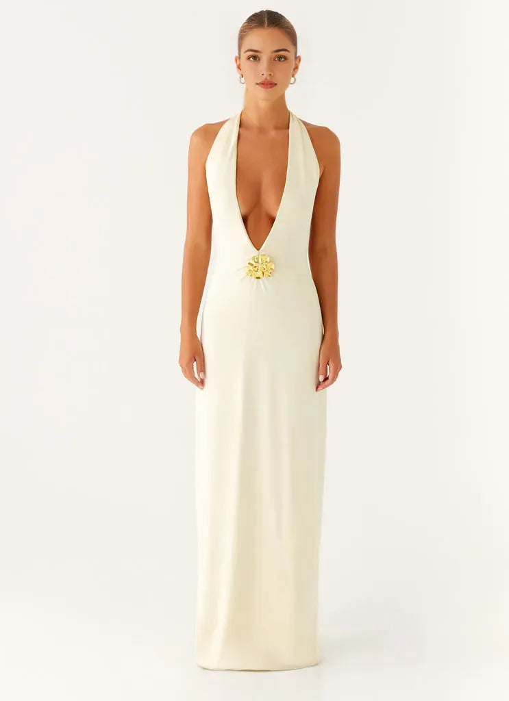 Sophisticated Ivory Prom Dress Halter Neck Plunging V-Neck Gold Floral Detail  Bodycon Silhouette for Formal Occasions