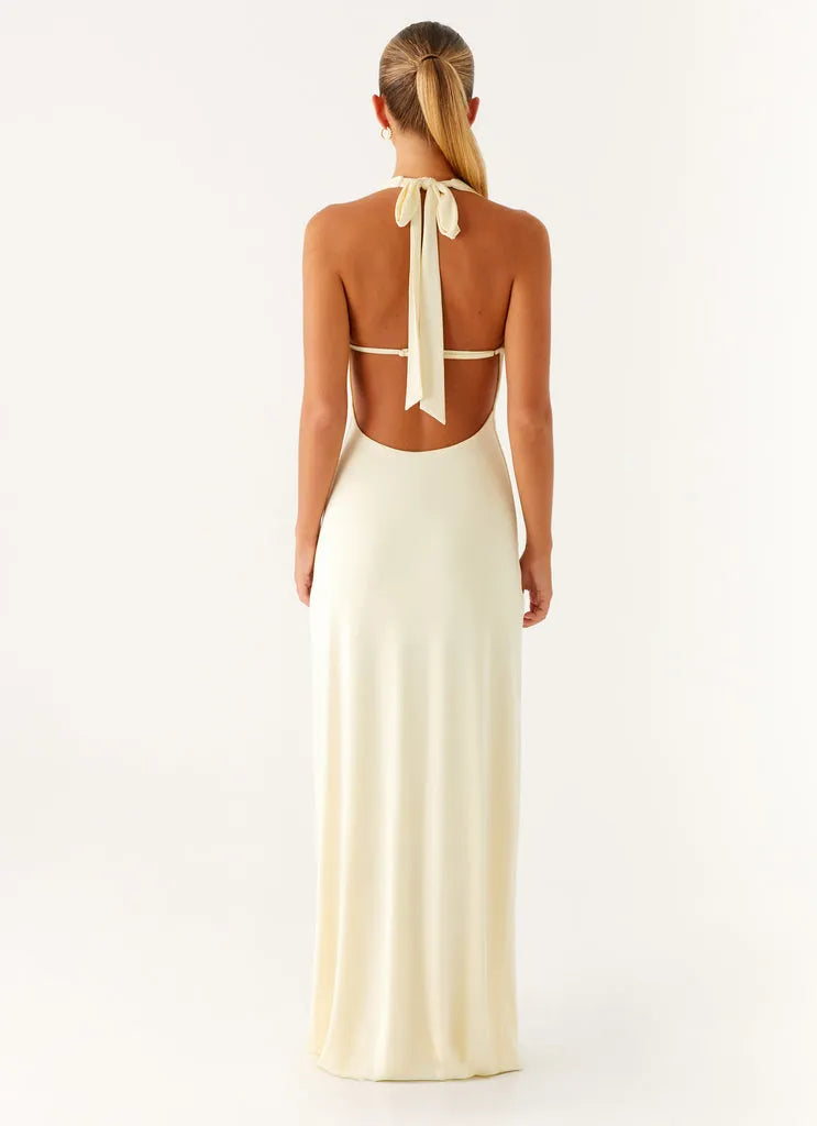 Sophisticated Ivory Prom Dress Halter Neck Plunging V-Neck Gold Floral Detail  Bodycon Silhouette for Formal Occasions