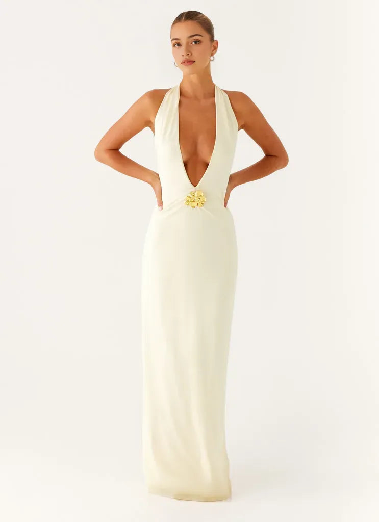 Sophisticated Ivory Prom Dress Halter Neck Plunging V-Neck Gold Floral Detail  Bodycon Silhouette for Formal Occasions