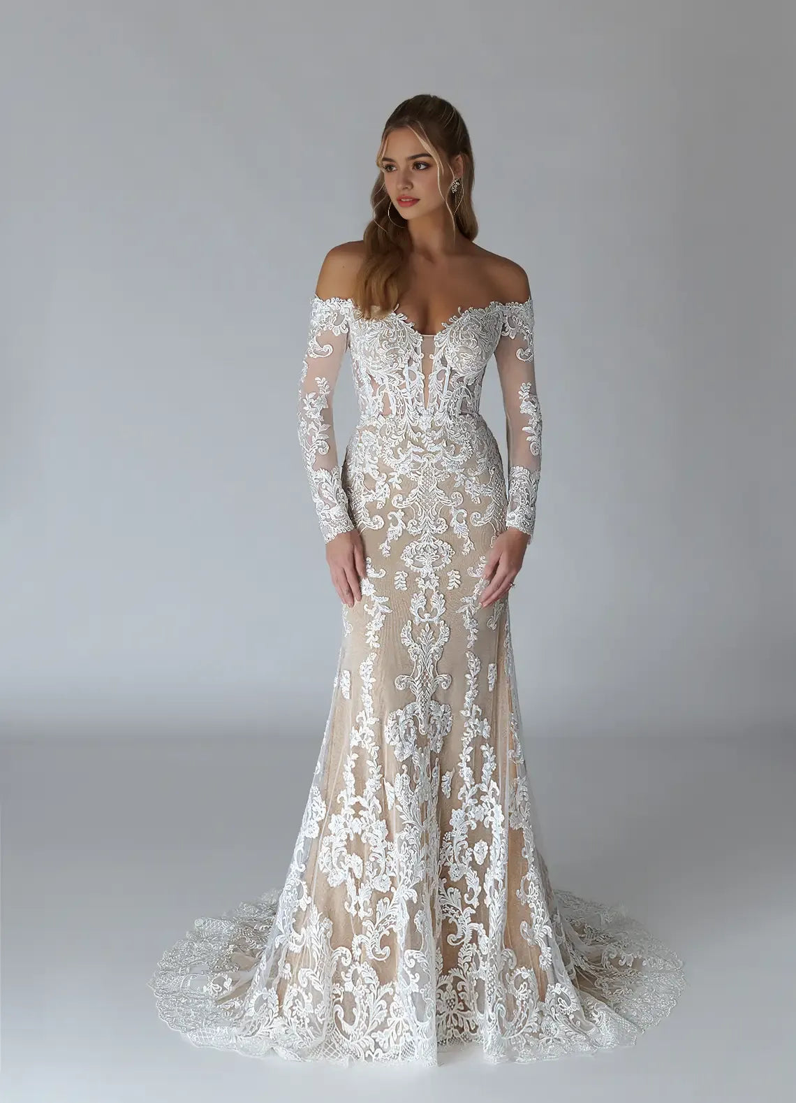 Sophisticated Lace Diamond White Nude A-Line V-Neck Sequins Tulle  Wedding Gown Off Shoulder Neckline Sheer Sleeves Hand  Embroidered Illusion Skirt Train